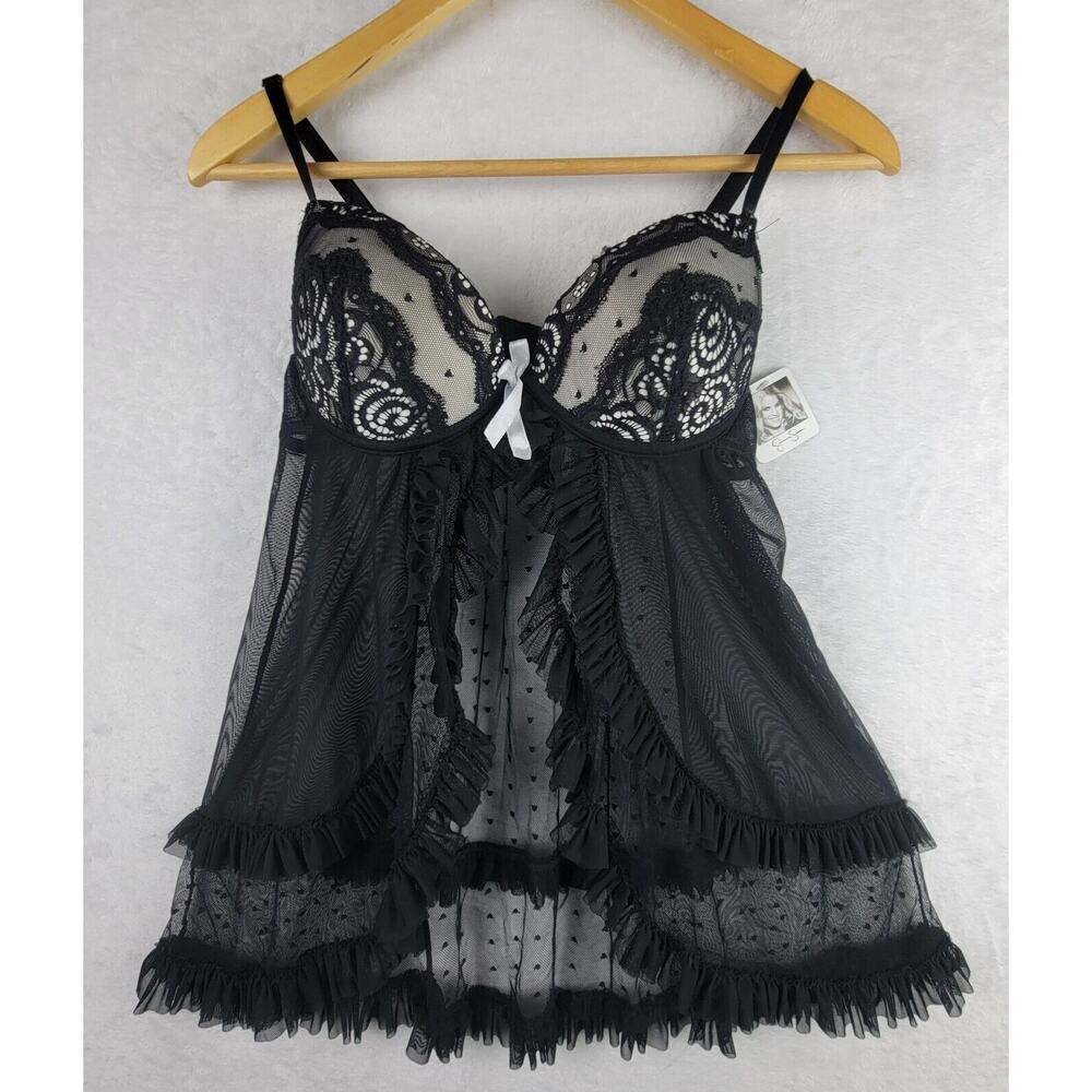 Babydoll Lingerie M Black Ruffle Lace Sheer Teddy Nightie Romantic Whimsigoth